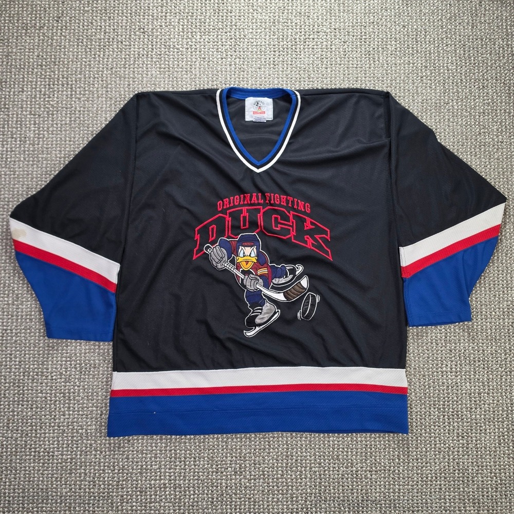 Vtg Starter Mickey Co Fighting Duck Hockey Jersey Mens XXL Sports Club Black 90s